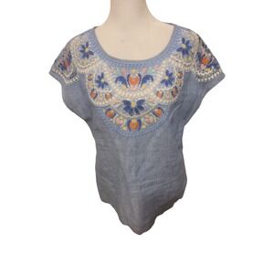 Boden Embroidered Linen Top US 8 Floral Fleur Cottage Boho Mediterranean Resort